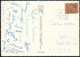 1960 A győri Vasas Eto labdarúgó csapat képeslapja Portugáliából, Hidegkuti Nándor, az Aranycsapat tagja, mint edző, Rózsavári, Keglevich, Szániel. Orbán, Korsós, Csuti, stb, / Autograph signed postcard of the Hungarian football team.