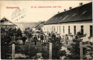 1914 Szilágysomlyó, Simleu Silvaniei; M. kir. földmíves iskola, utcai rész. Heimlich K. kiadása / farmer school, street view (lyuk / pinhole)