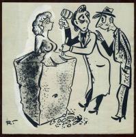 cca 1946 Ruszkay György (1924-1998): "Bizony ez művészet" karikatúra, vegyes technika-papír, szignált 15x15 cm Hátoldalán a Szbad Száj pecsétjável