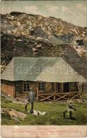 1911 Fogaras-Nagysink-Szentágota, Fagaras-Cincul Mare-Agnita; Ábrahám menedékház a Catavei csúcson. J. Járos kiadása. J. Mathejko felvétele / Abrahamhütte der Sektion Fogarasch-Gross-Schenk-Agnetheln des S.K.V. auf dem Catavei 2100 m hoch / chalet, tourist house (r)