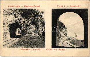 1912 Anina, Stájerlakanina, Steierdorf; Vasúti alagút és út. Hollschütz kiadása / Eisenbahn-Tunnel, Bahnstrecke / railway line and tunnel (szakadás / tear)
