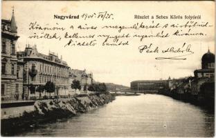 1905 Nagyvárad, Oradea; Részlet a Sebes-Körös folyóról, zsinagóga, híd / Crisul Repede riverside, bridge, synagogue (EK)