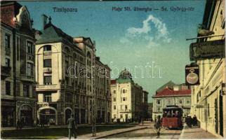 1928 Temesvár, Timisoara; Piata Sft. Gheorghe / Szent György tér, villamos, üzletek / square, tram, shops