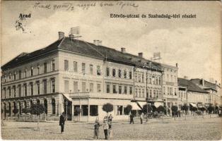 1911 Arad, Eötvös utcai és Szabadság téri részlet, Pölzl kávéház, Aradi Kereskedők Köre, üzletek / square, café, shops