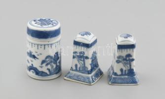 Kínai só, bors szóró és fogvájó tartó, kézzel festett porcelán, jelzett, hibátlan, m: 6-7 cm