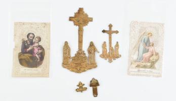 Vegyes egyházi tétel: 2 db antik csipkés litografált szentkép, XIX. sz. vége, egyik sérült és foltos; 2 db könnyűfém kereszt szentekkel, m: 8 és 14 cm; 2 db könnyűfém mini képtartó, m: 2 és 4 cm
