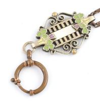 Szecessziós fém óralánc, gyöngyház és zománc berakással, h: 30 cm