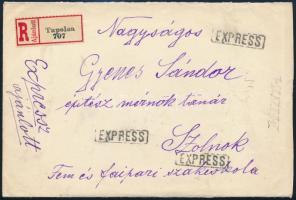 1928 Ajánlott expressz levél Tapolcáról Szolnokra