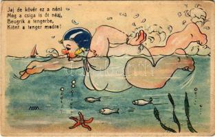 1943 Jaj de kövér ez a néni. Humoros képeslap, úszó hölgy / Humorous swimming lady. Cecami n. 1010. s: M.M. (fa)