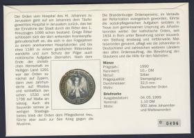 NSZK 1990. 10M Ag "800 éves a Német Rend" érmés borítékon elsőnapi bélyegzős bélyeggel, há...