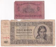 Csehszlovákia 1919. 1K + 1945 1000K T:III- Czechoslovakia 1919. 1 Korunu + 1945. 1000 Korun C:VG