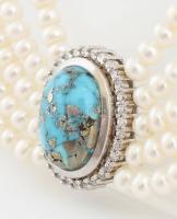 Türkizzel díszített ötsoros tenyésztett gyöngy nyaklánc, h: 46 cm, ezüst(Ag) szerelékkel, bruttó: 11...