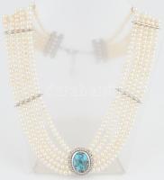 Türkizzel díszített ötsoros tenyésztett gyöngy nyaklánc, h: 46 cm, ezüst(Ag) szerelékkel, bruttó: 11...