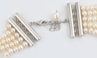 Türkizzel díszített ötsoros tenyésztett gyöngy nyaklánc, h: 46 cm, ezüst(Ag) szerelékkel, bruttó: 11...