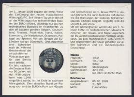 Németország 1998. 10M Ag "50 éves a Német Márka" bélyeges érmés borítékon alkalmi bélyegző...