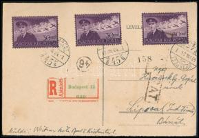 1943 Ajánlott levelezőlap 3 x 30f Horthy bélyeggel Romániába, cenzúrázva / Registered censored postcard to Romania
