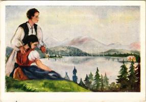 Csorba-tó (Tátra). Kiadja a Magyar Nemzeti Szövetség, Don Bosco Ny. / Hungarian irredenta art postcard from Strbské Pleso (Vysoké Tatry) s: Nógrády Magda (EK)