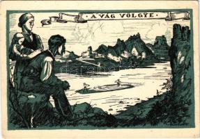 A Vág völgye, vize fája magyar vágya, tutajos cserkészek. Kiadja a Magyar Nemzeti Szövetség, Hornyánszky Viktor rt. / Hungarian irredenta propaganda art postcard from Váh river, scouts rafting s: Márton L. (EK)