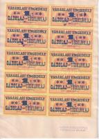 1975. Vásárlási engedély - 1T Gázolaj vagy Tűzelőolaj (10x) bélyeg, A4-es lapra ragasztva, a bélyegek VEGYIPARI TERMELŐESZKÖZ KERESKEDELMI VÁLLALAT SZÁLLÍTMÁNYOZÁSI OSZTÁLY BP. V. KOZMA FERENC U. 3. bélyegzéssel felülbélyegezve T:I-