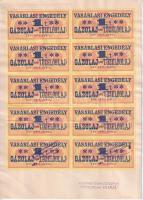 1975. Vásárlási engedély - 1T Gázolaj vagy Tűzelőolaj (10x) bélyeg, A4-es lapra ragasztva, a bélyegek VEGYIPARI TERMELŐESZKÖZ KERESKEDELMI VÁLLALAT SZÁLLÍTMÁNYOZÁSI OSZTÁLY BP. V. KOZMA FERENC U. 3. bélyegzéssel felülbélyegezve T:II