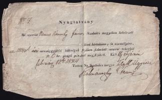 1844 Nemes Némethy János, Szabolcs megyei személy, nyugtatvány 1840. évi országgyűlés költségek fejében felvett nemesi teherről, magyar nyelven, sérült, kissé foltos