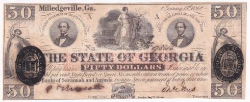 Amerikai Konföderációs Államok / Georgia / Milledgeville 1862. 50$ 98216 sorszámmal T:II The Confederate States of America / Georgia / Milledgeville 1862. 5 Dollars with 98216 serial number C:XF