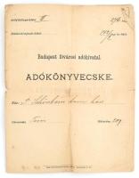 1877 Budapest fővárosi adóhivatal, adókönyvecske terézvárosi ház ügyében, néhány bejegyzéssel, kissé sérült,