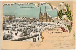 1901 Ternopil, Tarnopol; Plac Sobieskiego / Sobieskiplatz / square in winter. C. Haliczer Art Nouveau, floral, litho