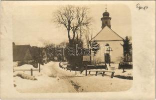 1911 Eperjes, Presov (?); kis templom fatoronnyal télen, vasúti sín / small church with wooden tower in winter, railway tracks. photo (EK)