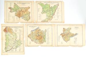cca 1920-1940 5 db vármegye térkép, tervezte: Dr. Kéz Andor, 1 : 800.000, Bp., Révai Offset-ny., lapszéli sérülésekkel, 32,5x24,5 cm