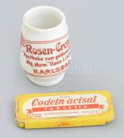 Rosen-Creme, Apotheke zum goldenen Kreuz, Mg. pharm. Hans Lindner, Karlsbad. Porcelán patikai tégely, XX. sz. eleje, kis lepattanással, hajszálrepedéssel, m: 5 cm + Codein-acisal tabletta, Kőbányai Gyógyszerárugyár fémdoboz, részleges tartalommal, 7x3 cm