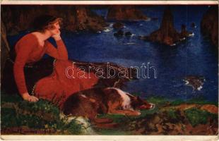 1915 Einsamkeit / Solitude Lady art postcard with dog. J. P. P. 2031. s: P. A. Laurens (EK)
