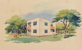 Jelzés nélkül: Családi ház látványterv, akvarell, papír, 31x48 cm
