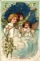 1904 Fröhliche Weihnachten! / Christmas greeting art postcard with angels. Art Nouveau, Floral, Emb. litho (kis szakadás / small tear)