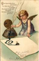 1905 Konnt das rechte Wort nicht finden... / Greeting art postcard with angel. Emb. litho (kis szakadás / small tear)