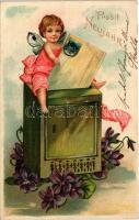 1905 Prosit Neujahr / New Year greeting art postcard. Floral, Emb. litho