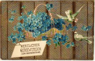 Herzlichen Glückwunsch zum Namenstage / Name Day greeting art postcard. Floral, Emb. litho (lyuk / pinhole)