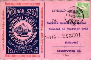 1911 Budapest VI. Dr. techn. Molnár és Szegő elektromotor és gépjavító műhelye reklámja. Lovag utca 3. (EK)
