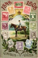 Franz Josef I. Viribus Unitis 1848-1908 / 60th Anniversary of Franz Josephs reign, memorial postcard with Austro-Hungarian stamps. Fec. Ch. Scolik, Art Nouveau (EK)