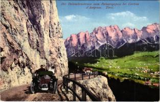 1913 Cortina d'Ampezzo (Südtirol), Der Dolomitenstrasse zum Falzaregopass bei Cortina / road with automobile (EK)