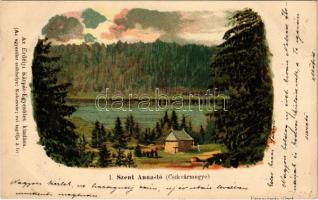 1901 Tusnádfürdő, Baile Tusnad; Szent Anna-tó (Csík vármegye). Erdélyi Kárpát Egyesület kiadása / Lacul Sfanta Ana / lake. Luszt Ármin (Budapest) litho (kis szakadás / small tear)