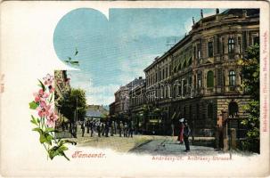 Temesvár, Timisoara; Andrássy út, villamos. Uhrmann Henrik kiadása / street view, tram. Floral (kopott sarkak / worn corners)