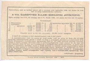 Budapest 1948. "Egész sorsjegy - VII. Újjáépítési Állami sorsjáték" sorsjegye vízjeles pap...
