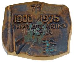 1975. MMG (Mechanikai Mérőműszerek Gyára) Automatika Művek 75 éves egyoldalas, öntött bronz plakett, eredeti tokban (102x121mm) T:2 patina
