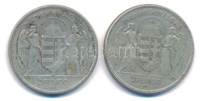 1930. 5P Ag "Horthy jobbra" (2x) T:3 patina Adamo P8