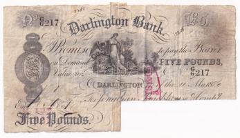 Nagy-Britannia / Darlington Bank 1886. 5P GG 217 hátoldalán bélyegzések, aláírások kivágva, így érvénytelenítve, piros Watts and Co (?) felülbélyegzéssel T:G folt, tűlyuk, ragasztva Great Britain / Darlington Bank 1886. 5 Pounds GG 217 with overprints on the back, cut-out signatures, cancelled banknote, with red Watts and Co (?) overprint C:G spot, needle holes, taped
