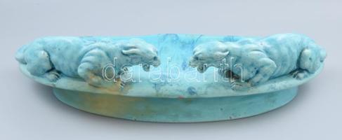 Zsolnay labrador alapmázas oroszlános asztali figurális dísztál, jelzett, formába nyomott Zsolnay pe...