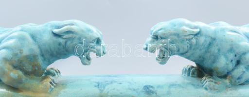 Zsolnay labrador alapmázas oroszlános asztali figurális dísztál, jelzett, formába nyomott Zsolnay pe...