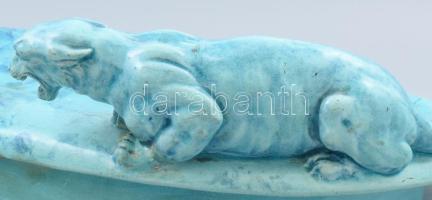 Zsolnay labrador alapmázas oroszlános asztali figurális dísztál, jelzett, formába nyomott Zsolnay pe...