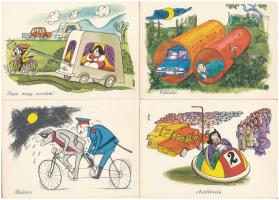 9 db MODERN grafikai humoros képeslap (Képzőművészeti Alap): közlekedési karikatúrák / 9 modern humorous graphic postcards: transportation caricatures